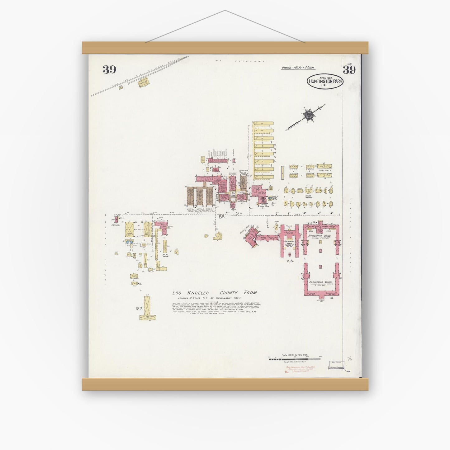 Old map wall art mockup — magnetic wood frame on white wall — Sanborn Fire Insurance Map from Huntington Park, Los Angeles County, California (1924), Sheet #0039