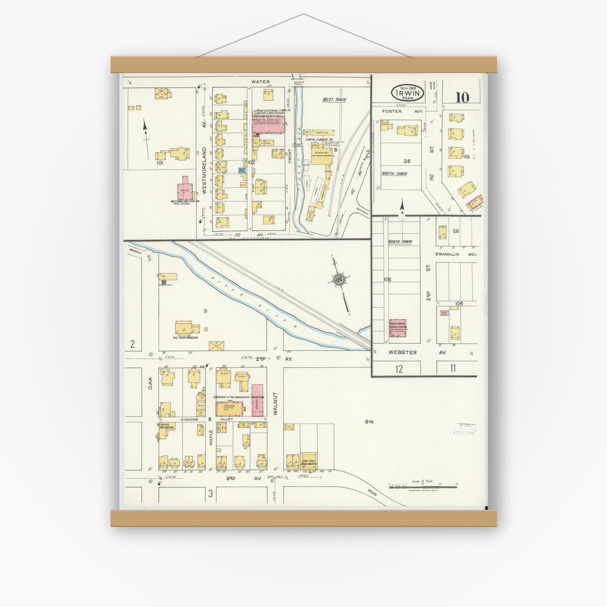 Old map wall art mockup — magnetic wood frame on white wall — Sanborn Fire Insurance Map from Irwin, Westmoreland County, Pennsylvania (1919), Sheet #0010