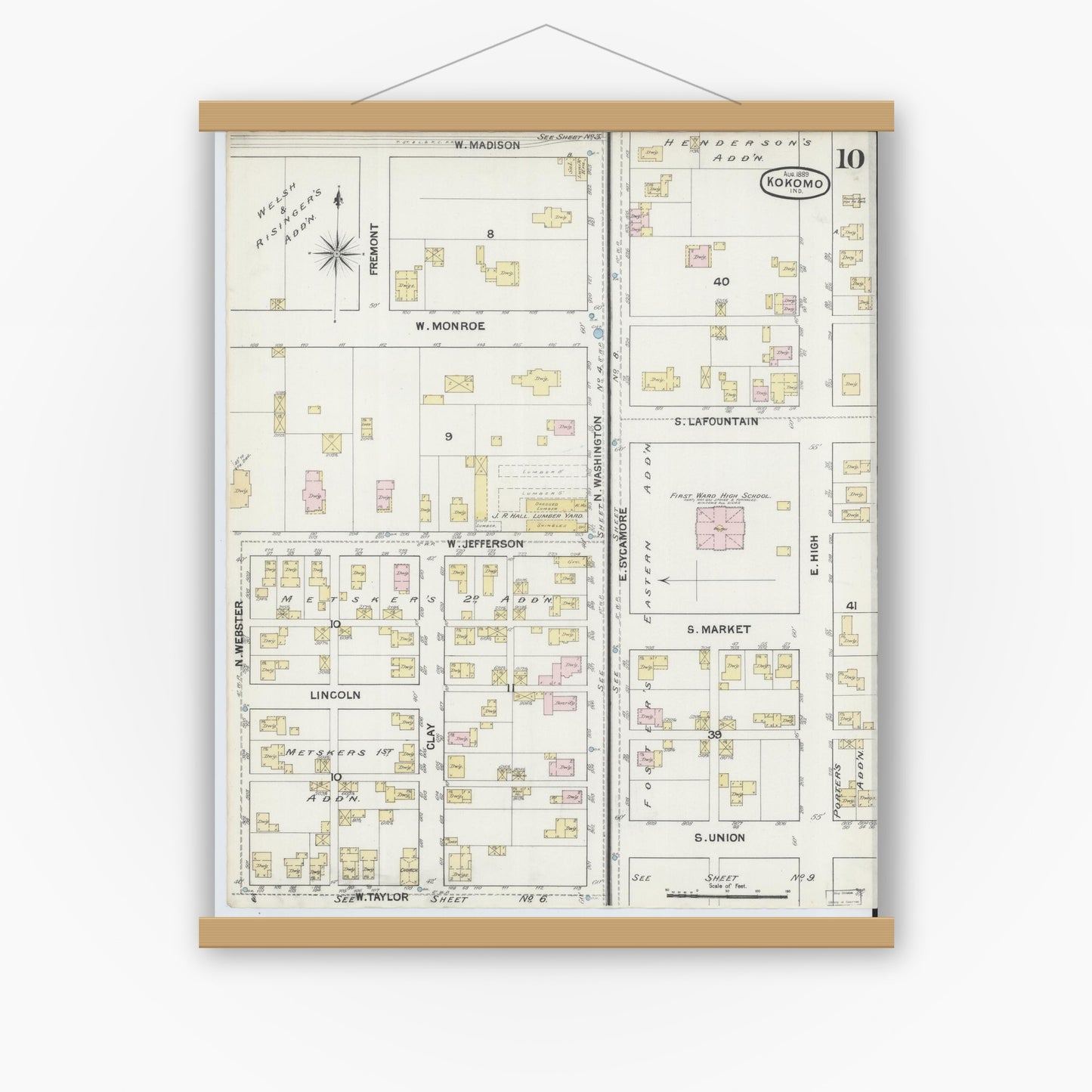 Old map wall art mockup — magnetic wood frame on white wall — Sanborn Fire Insurance Map from Kokomo, Howard County, Indiana (1889), Sheet #0010