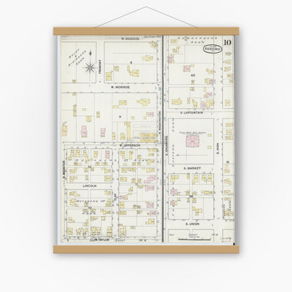 Old map wall art mockup — magnetic wood frame on white wall — Sanborn Fire Insurance Map from Kokomo, Howard County, Indiana (1889), Sheet #0010