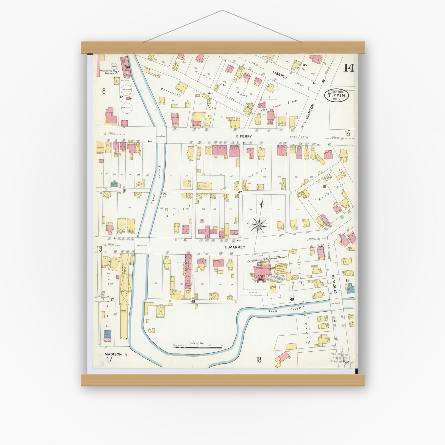 Old map wall art mockup — magnetic wood frame on white wall — Sanborn Fire Insurance Map from Tiffin, Seneca County, Ohio (1908), Sheet #0014