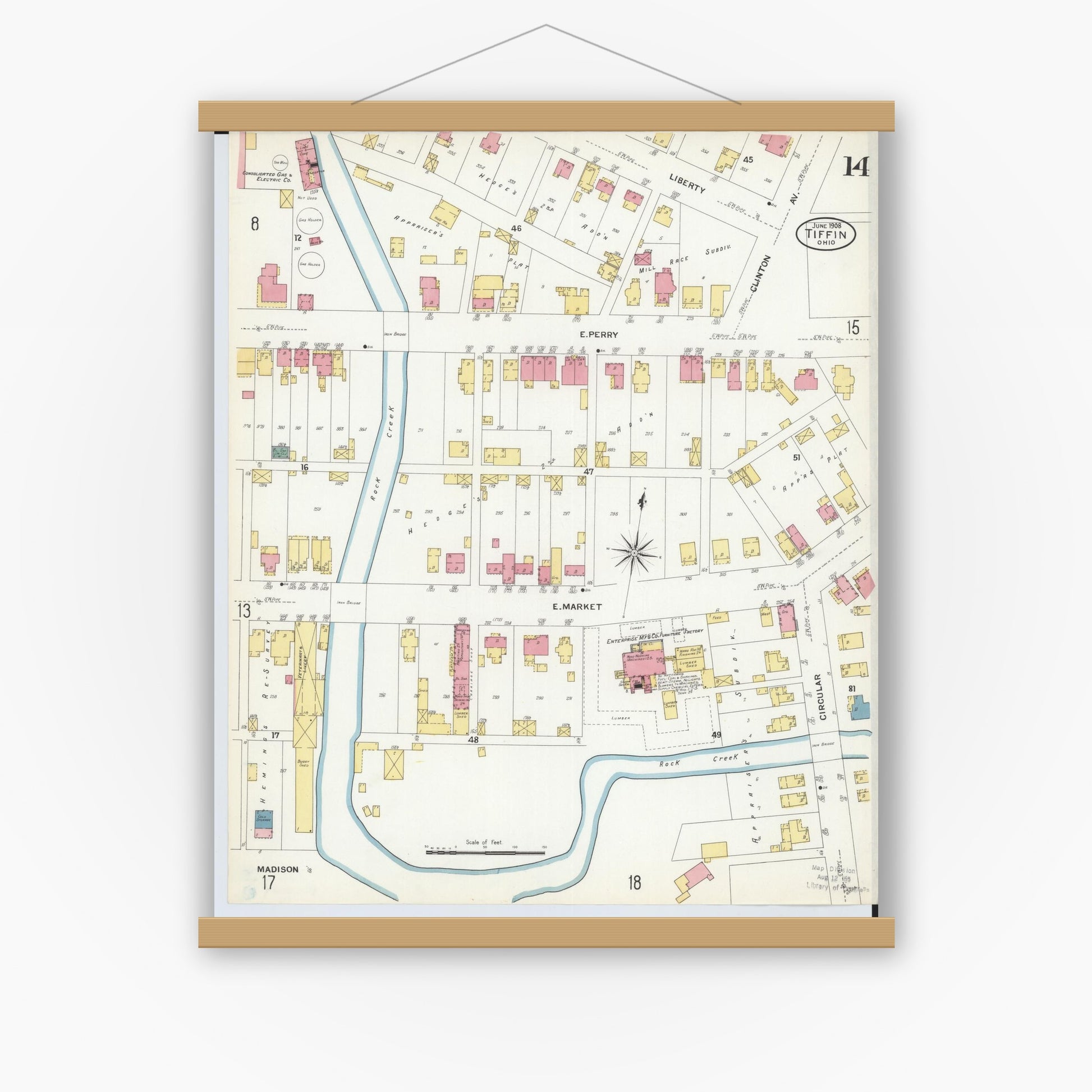 Old map wall art mockup — magnetic wood frame on white wall — Sanborn Fire Insurance Map from Tiffin, Seneca County, Ohio (1908), Sheet #0014