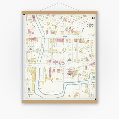 Old map wall art mockup — magnetic wood frame on white wall — Sanborn Fire Insurance Map from Tiffin, Seneca County, Ohio (1908), Sheet #0014