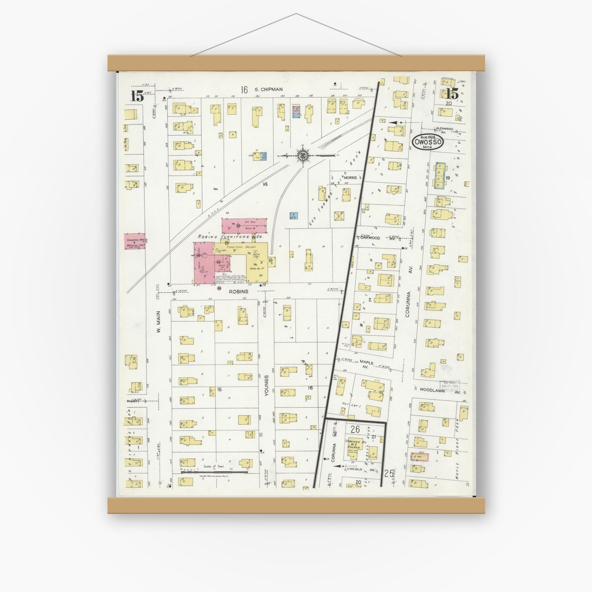 Old map wall art mockup — magnetic wood frame on white wall — Sanborn Fire Insurance Map from Owosso, Shiawassee County, Michigan (1924), Sheet #0015