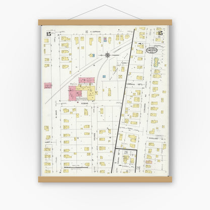 Old map wall art mockup — magnetic wood frame on white wall — Sanborn Fire Insurance Map from Owosso, Shiawassee County, Michigan (1924), Sheet #0015
