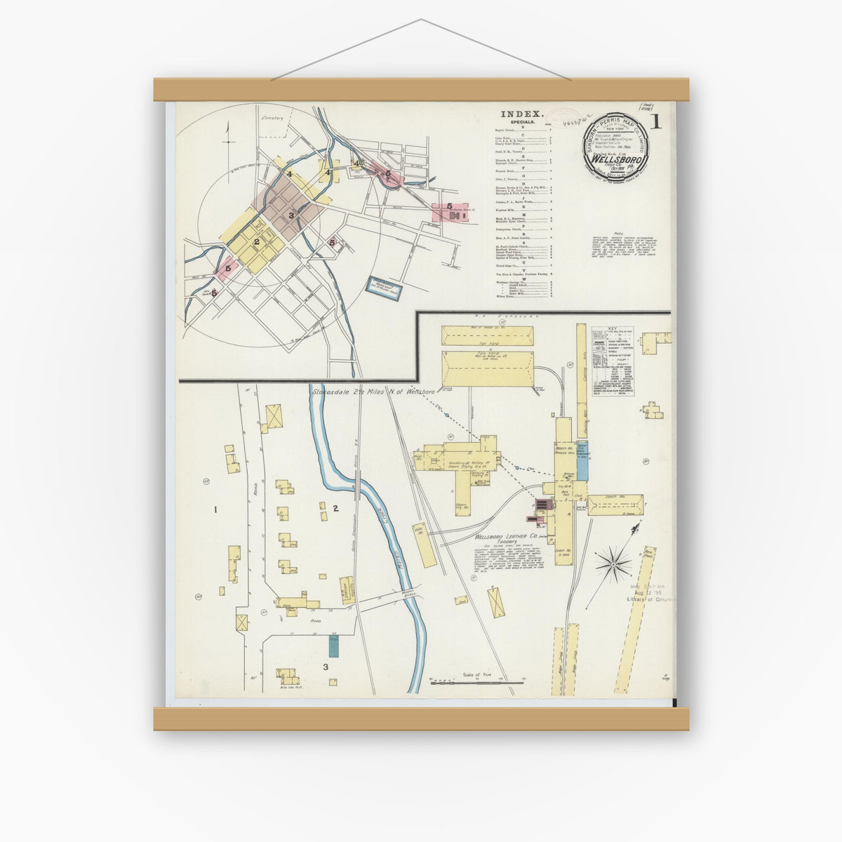Old map wall art mockup — magnetic wood frame on white wall — Sanborn Fire Insurance Map from Wellsboro, Tioga County, Pennsylvania (1891), Sheet #0001