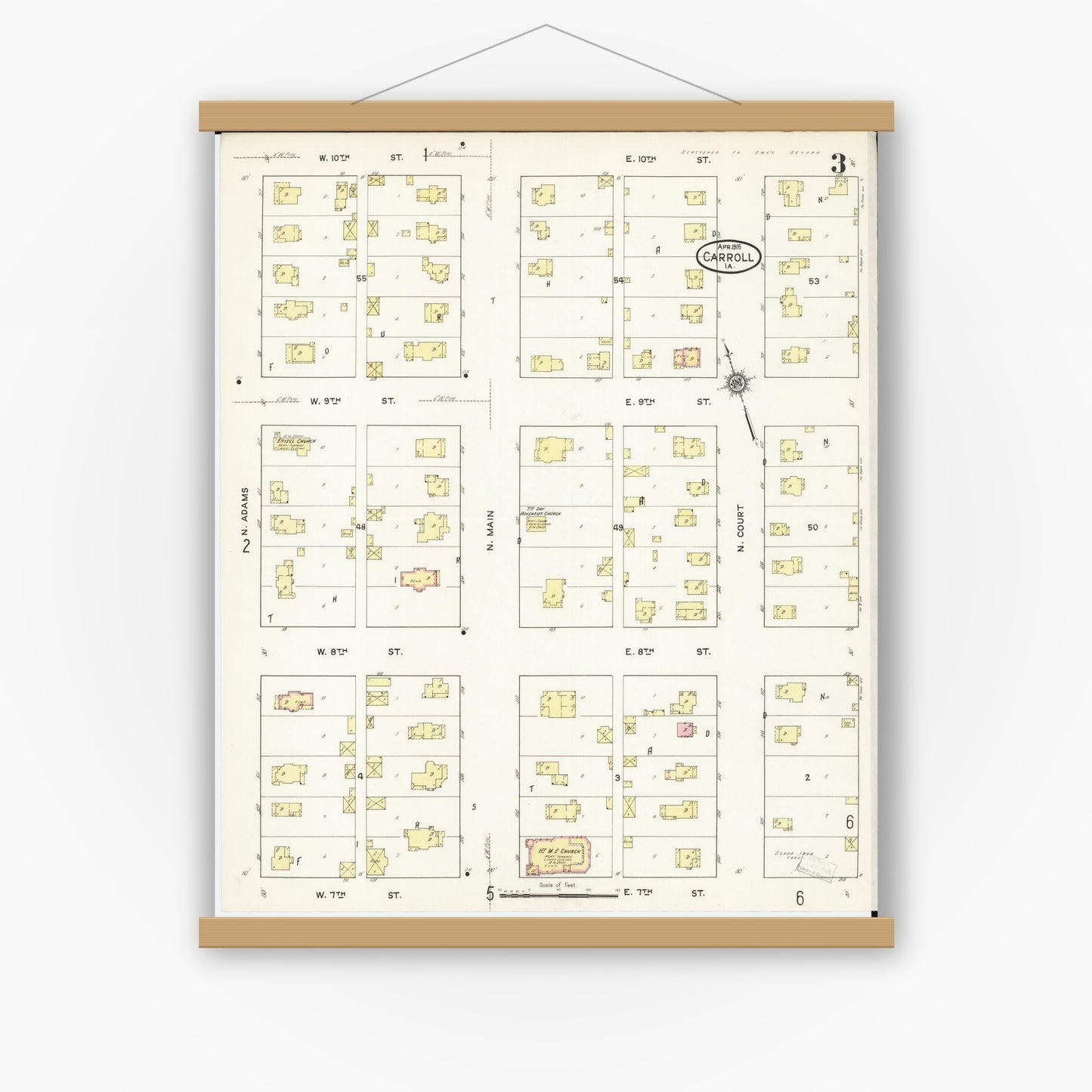Old map wall art mockup — magnetic wood frame on white wall — Sanborn Fire Insurance Map from Carroll, Carroll County, Iowa (1915), Sheet #0003