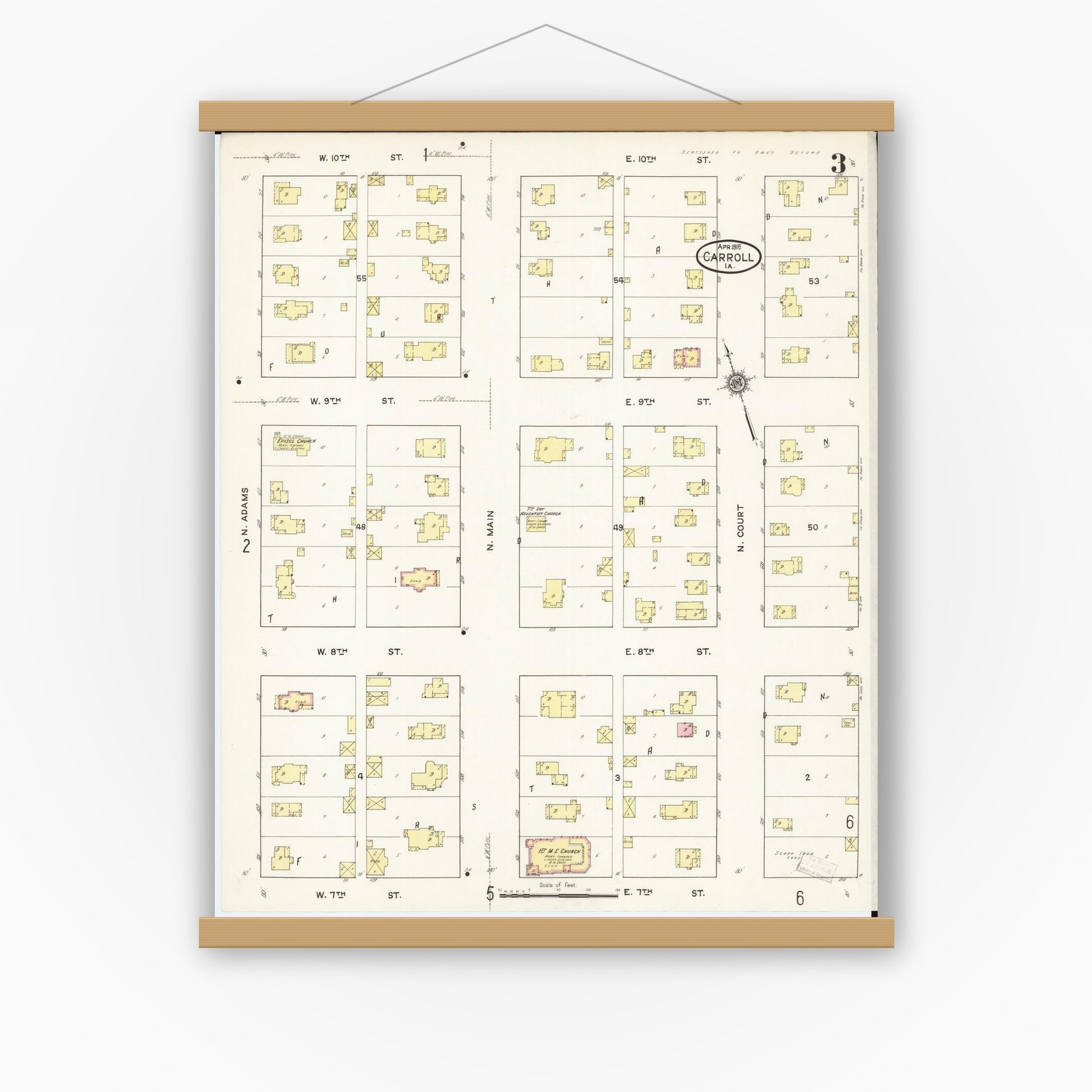 Old map wall art mockup — magnetic wood frame on white wall — Sanborn Fire Insurance Map from Carroll, Carroll County, Iowa (1915), Sheet #0003