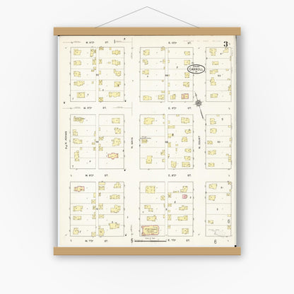 Old map wall art mockup — magnetic wood frame on white wall — Sanborn Fire Insurance Map from Carroll, Carroll County, Iowa (1915), Sheet #0003