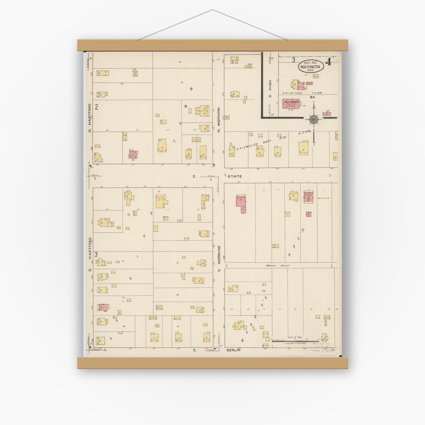 Old map wall art mockup — magnetic wood frame on white wall — Sanborn Fire Insurance Map from Worthington, Franklin County, Ohio (1922), Sheet #0004
