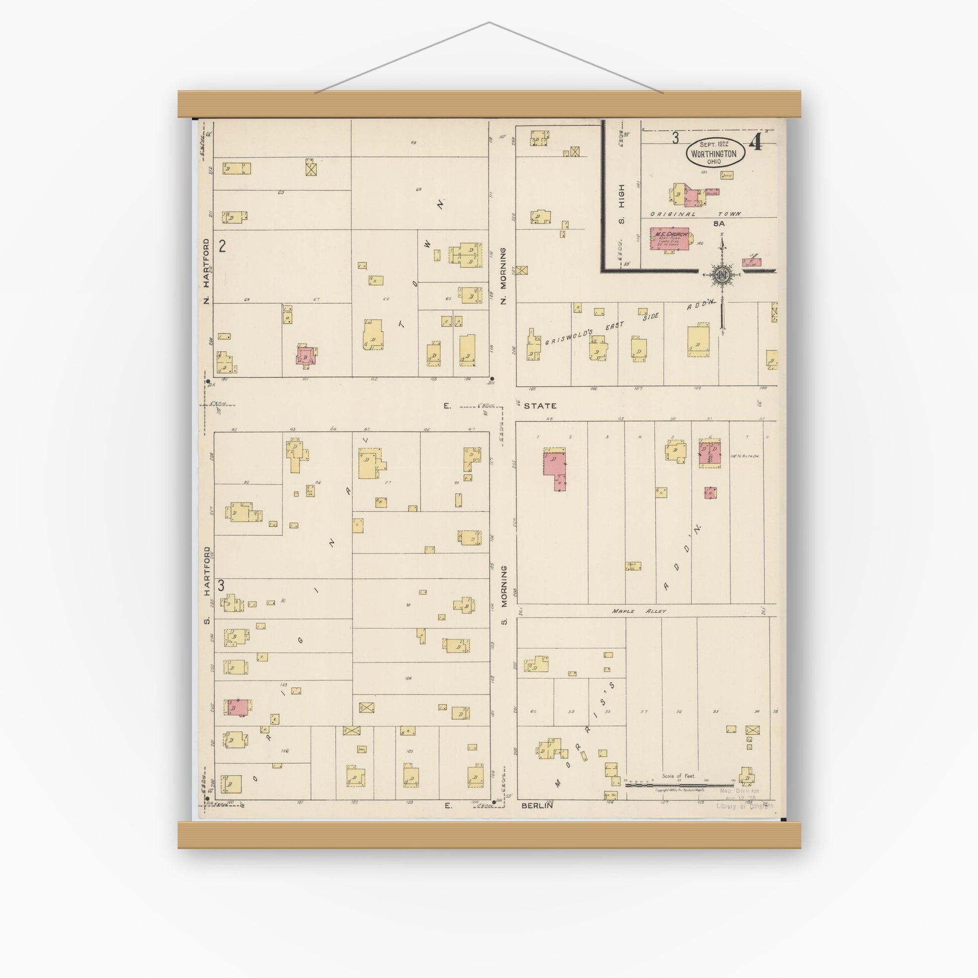 Old map wall art mockup — magnetic wood frame on white wall — Sanborn Fire Insurance Map from Worthington, Franklin County, Ohio (1922), Sheet #0004