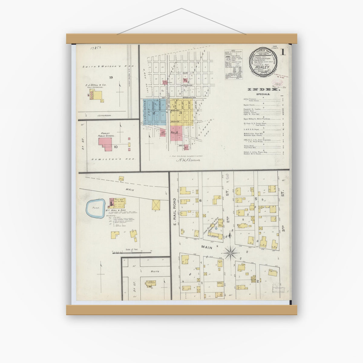 Old map wall art mockup — magnetic wood frame on white wall — Sanborn Fire Insurance Map from Ashley, Washington County, Illinois (1894), Sheet #0001
