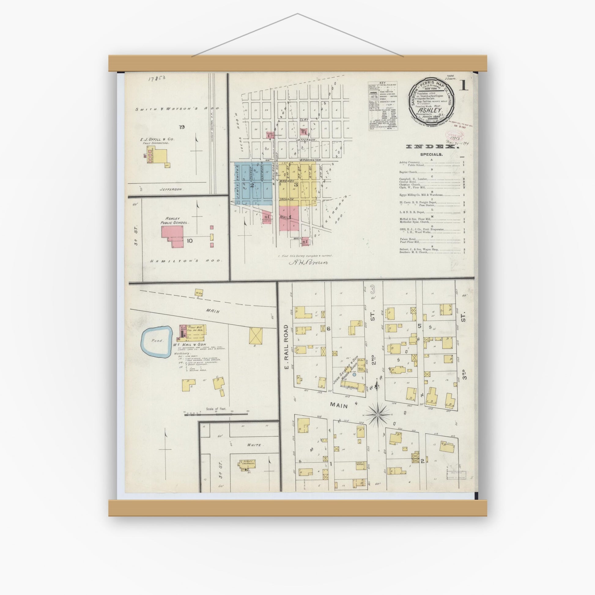 Old map wall art mockup — magnetic wood frame on white wall — Sanborn Fire Insurance Map from Ashley, Washington County, Illinois (1894), Sheet #0001