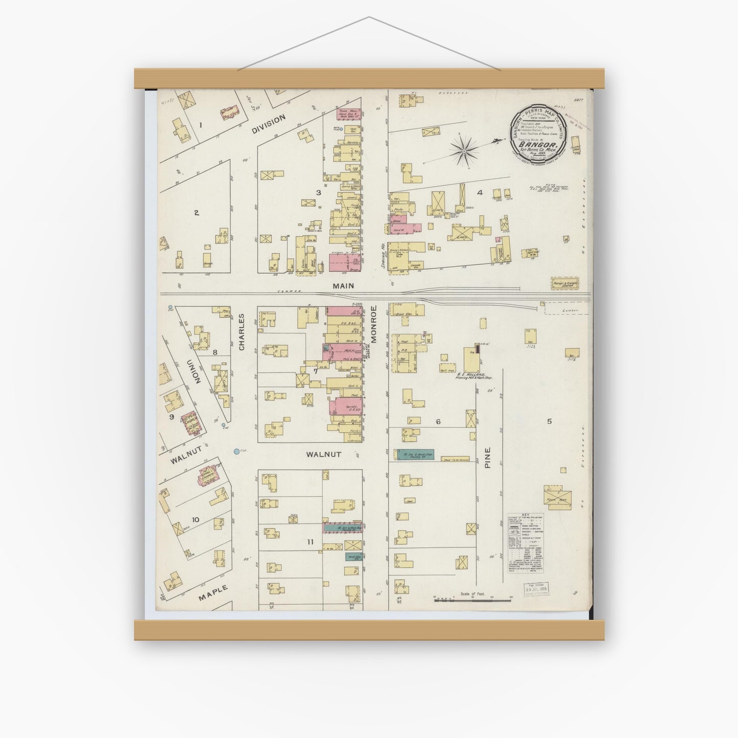 Old map wall art mockup — magnetic wood frame on white wall — Sanborn Fire Insurance Map from Bangor, Van Buren County, Michigan (1893), Sheet #0001