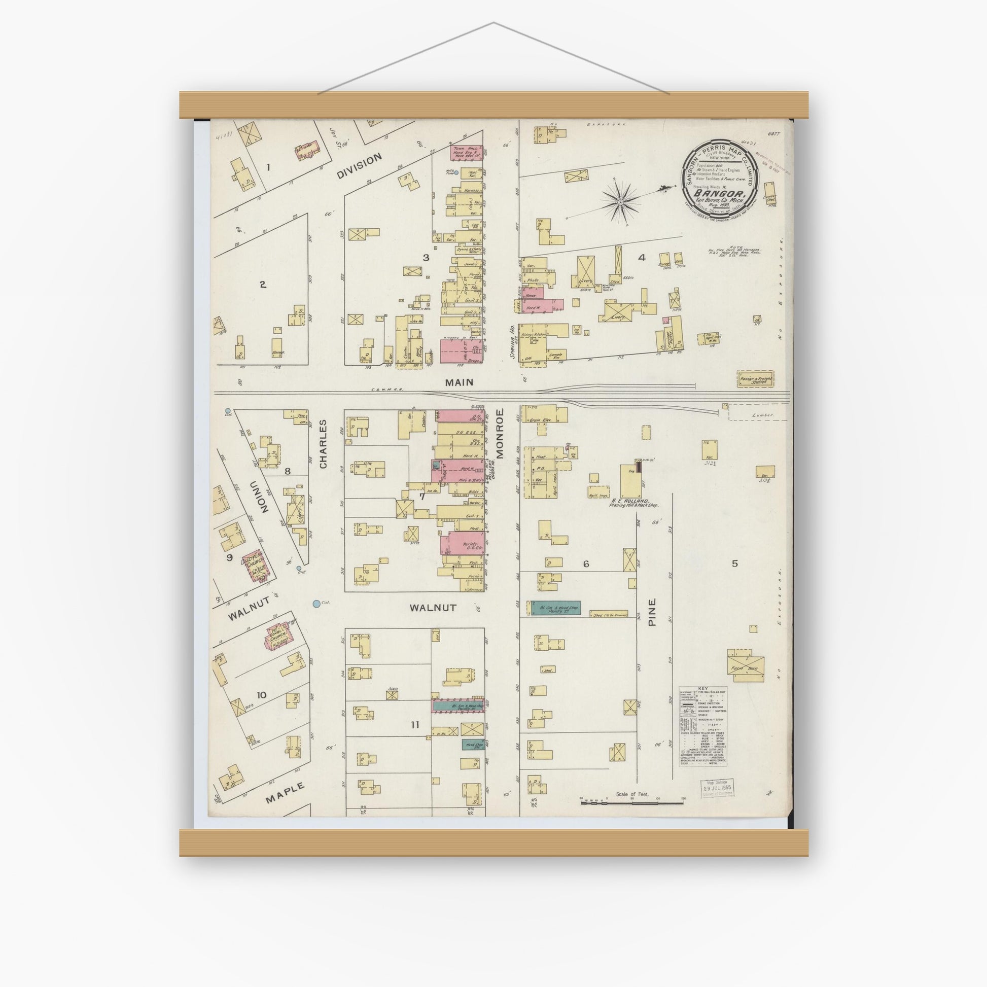 Old map wall art mockup — magnetic wood frame on white wall — Sanborn Fire Insurance Map from Bangor, Van Buren County, Michigan (1893), Sheet #0001