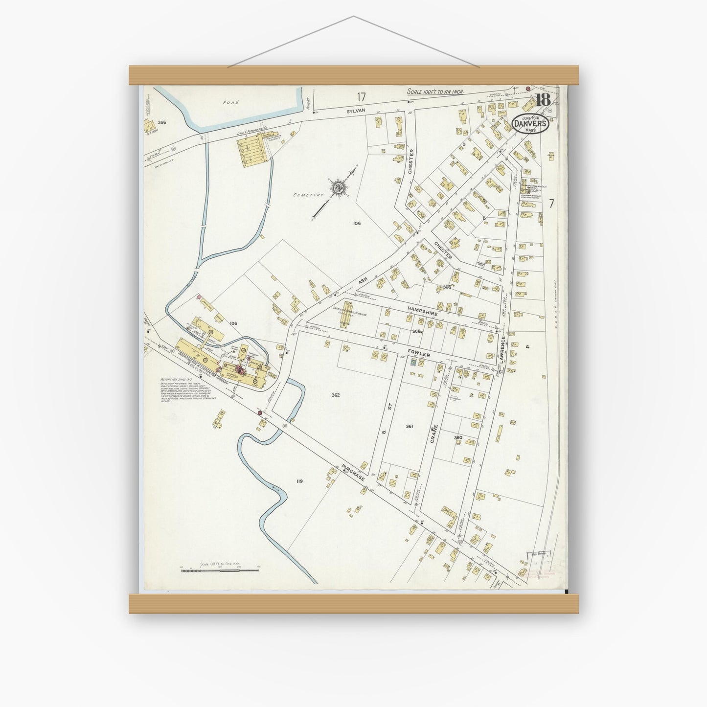 Old map wall art mockup — magnetic wood frame on white wall — Sanborn Fire Insurance Map from Danvers, Essex County, Massachusetts (1916), Sheet #0018