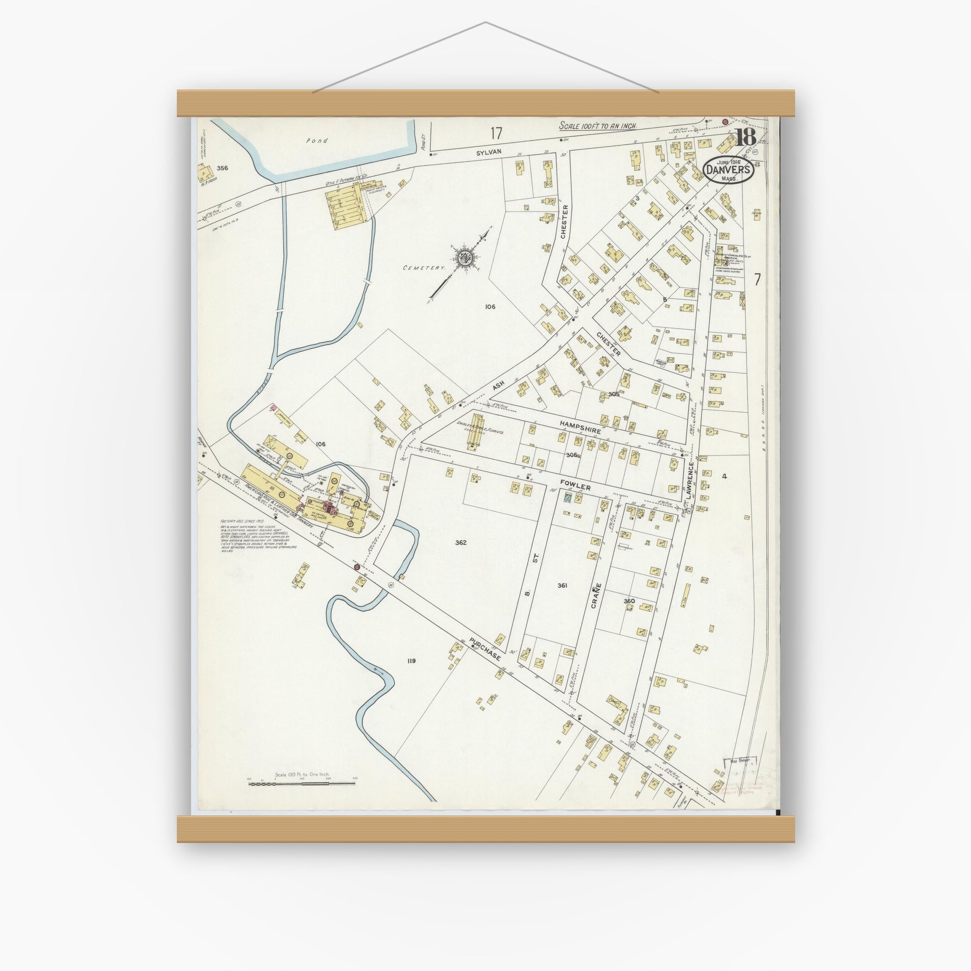 Old map wall art mockup — magnetic wood frame on white wall — Sanborn Fire Insurance Map from Danvers, Essex County, Massachusetts (1916), Sheet #0018