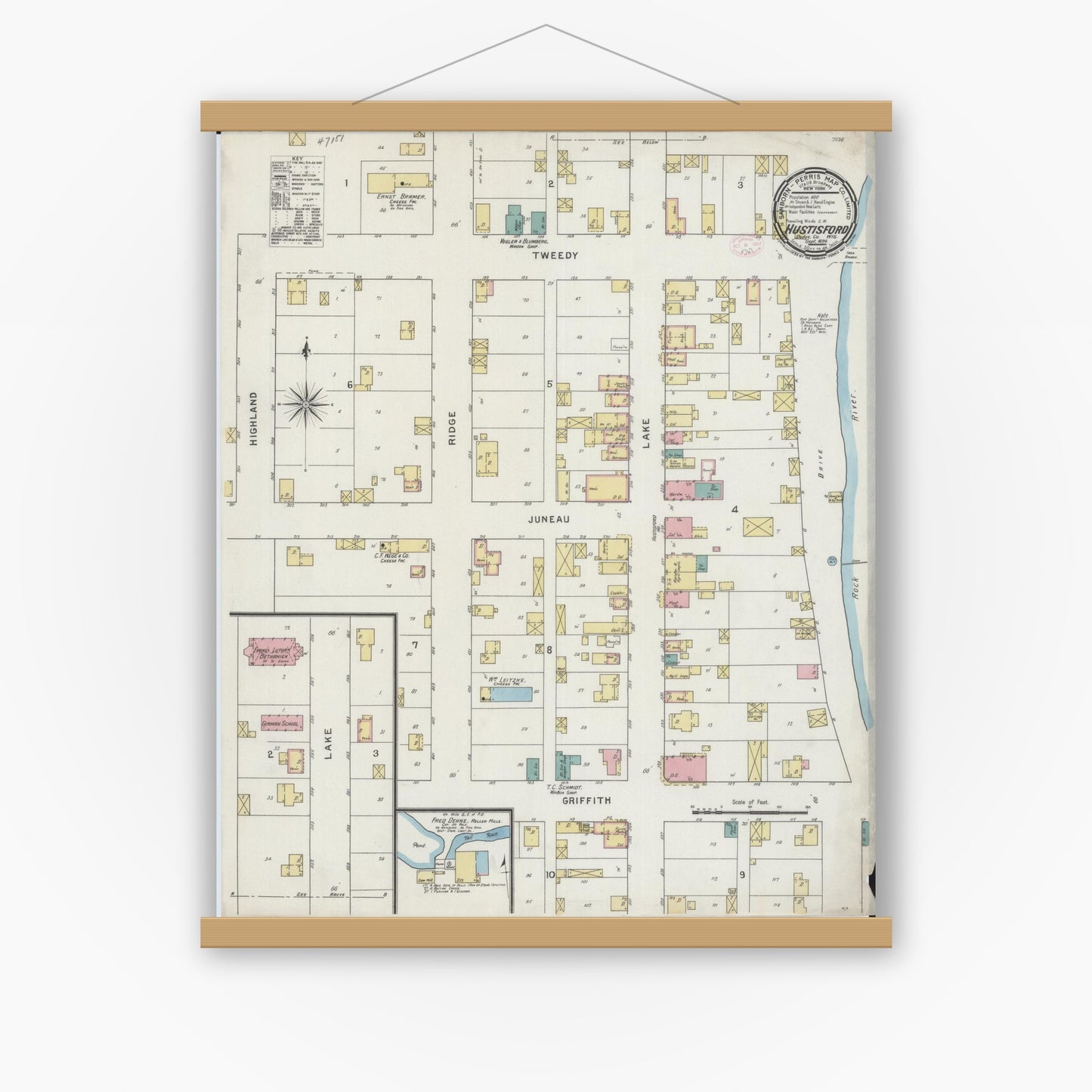 Old map wall art mockup — magnetic wood frame on white wall — Sanborn Fire Insurance Map from Hustisford, Dodge County, Wisconsin (1894), Sheet #0001