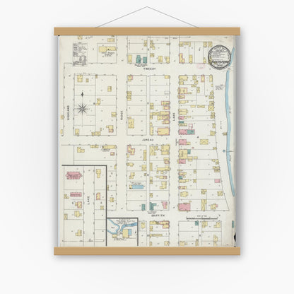 Old map wall art mockup — magnetic wood frame on white wall — Sanborn Fire Insurance Map from Hustisford, Dodge County, Wisconsin (1894), Sheet #0001