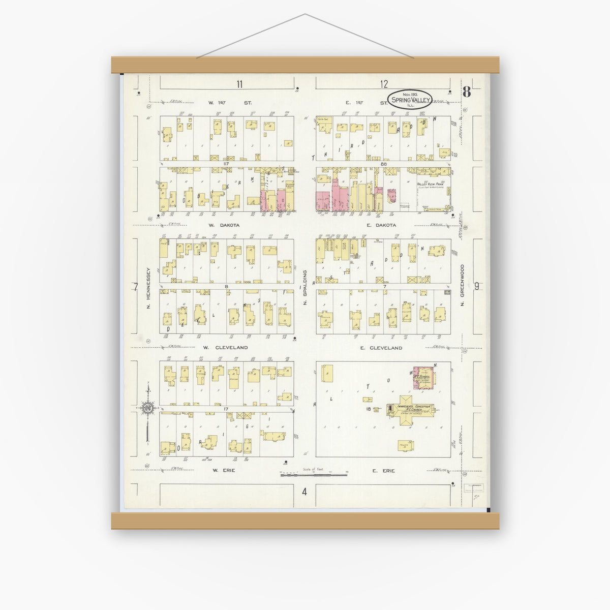 Old map wall art mockup — magnetic wood frame on white wall — Sanborn Fire Insurance Map from Spring Valley, Bureau County, Illinois (1913), Sheet #0008