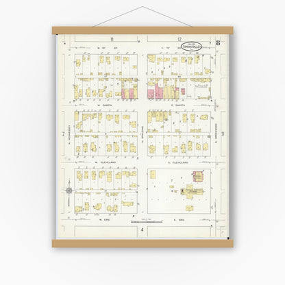 Old map wall art mockup — magnetic wood frame on white wall — Sanborn Fire Insurance Map from Spring Valley, Bureau County, Illinois (1913), Sheet #0008