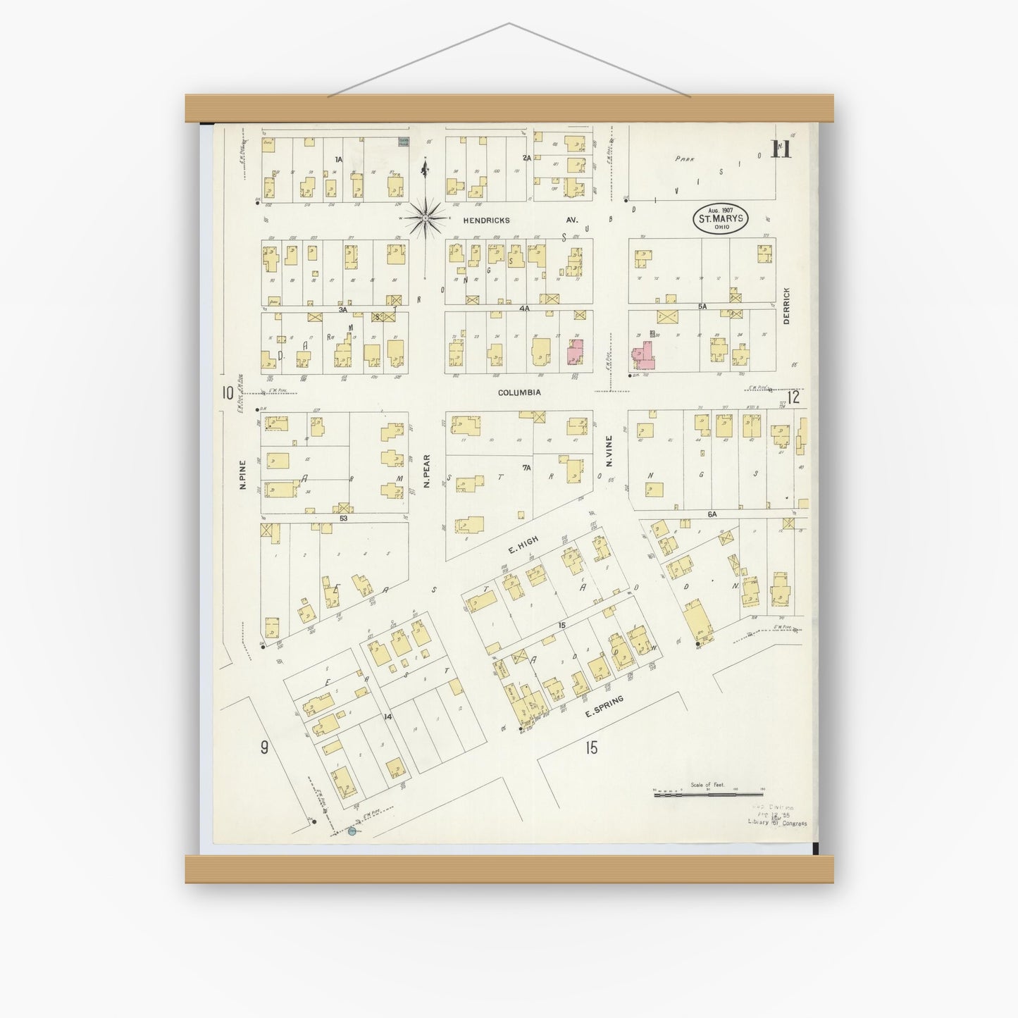 Old map wall art mockup — magnetic wood frame on white wall — Sanborn Fire Insurance Map from Saint Marys, Auglaize County, Ohio (1907), Sheet #0011