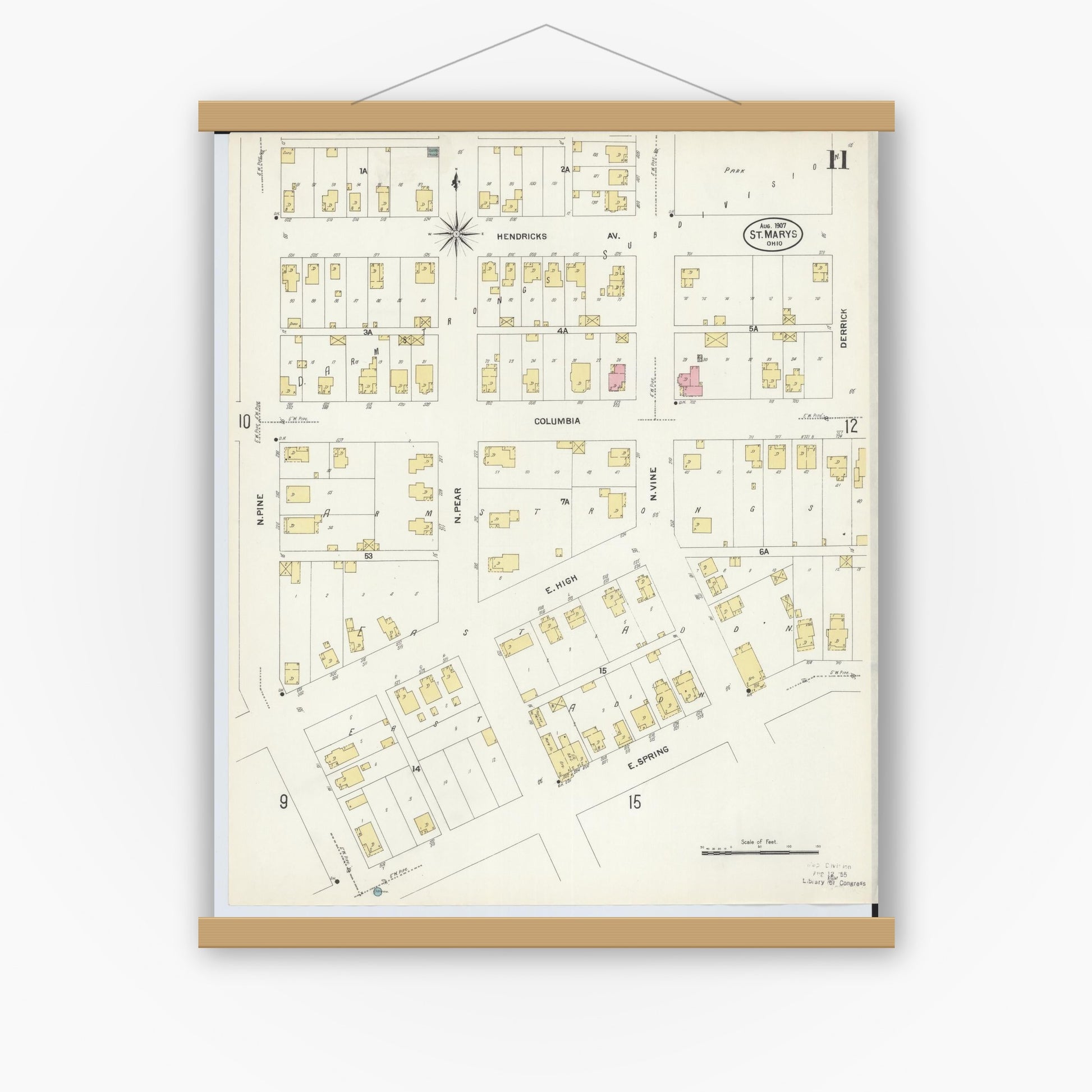 Old map wall art mockup — magnetic wood frame on white wall — Sanborn Fire Insurance Map from Saint Marys, Auglaize County, Ohio (1907), Sheet #0011