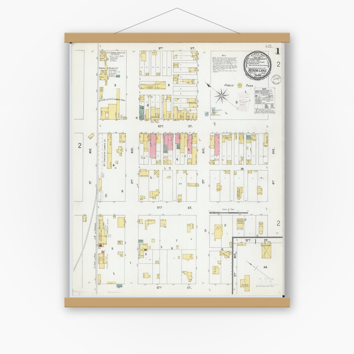 Old map wall art mockup — magnetic wood frame on white wall — Sanborn Fire Insurance Map from Heron Lake, Jackson County, Minnesota (1900) - Complete Map Set
