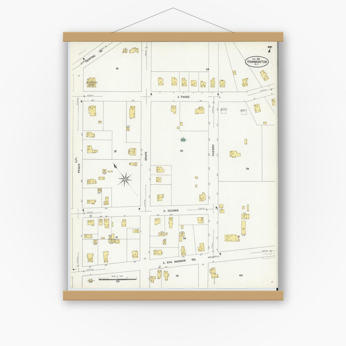 Old map wall art mockup — magnetic wood frame on white wall — Sanborn Fire Insurance Map from Hammonton, Atlantic County, New Jersey (1908), Sheet #0007
