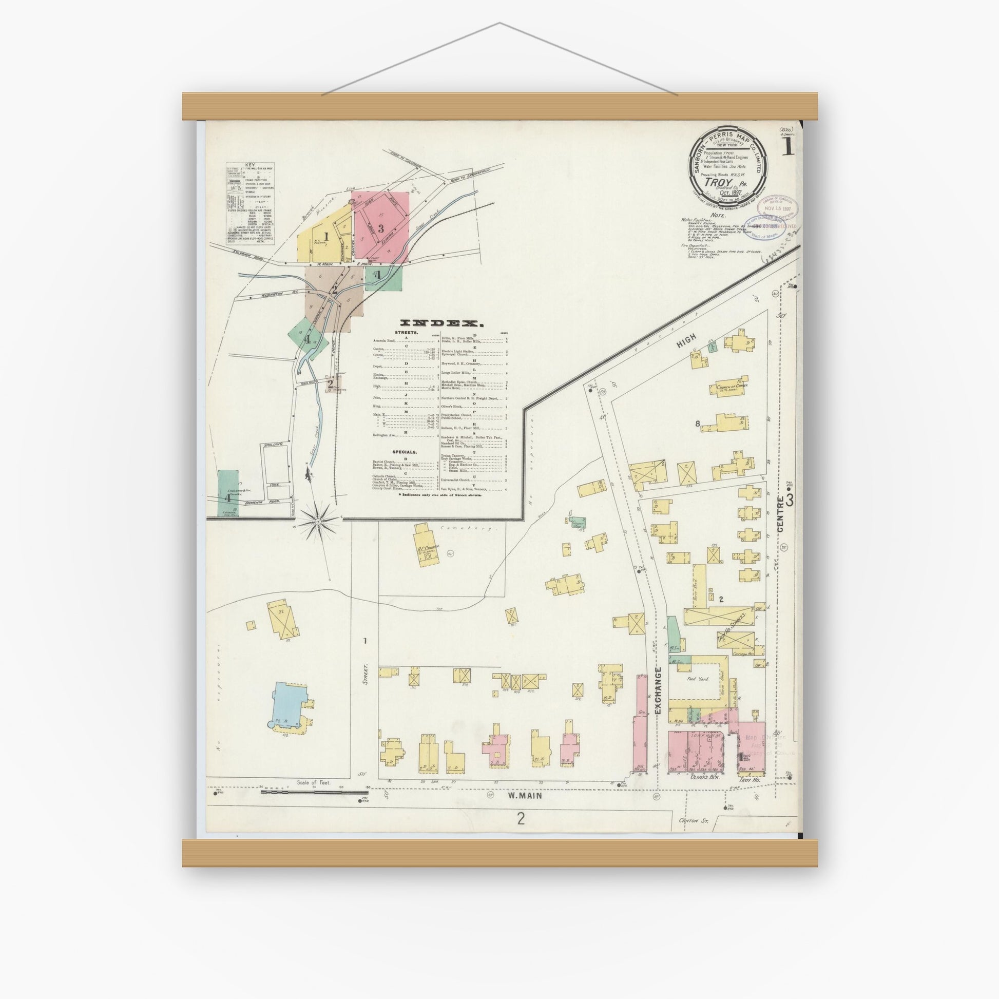 Old map wall art mockup — magnetic wood frame on white wall — Sanborn Fire Insurance Map from Troy, Bradford County, Pennsylvania (1897) - Complete Map Set