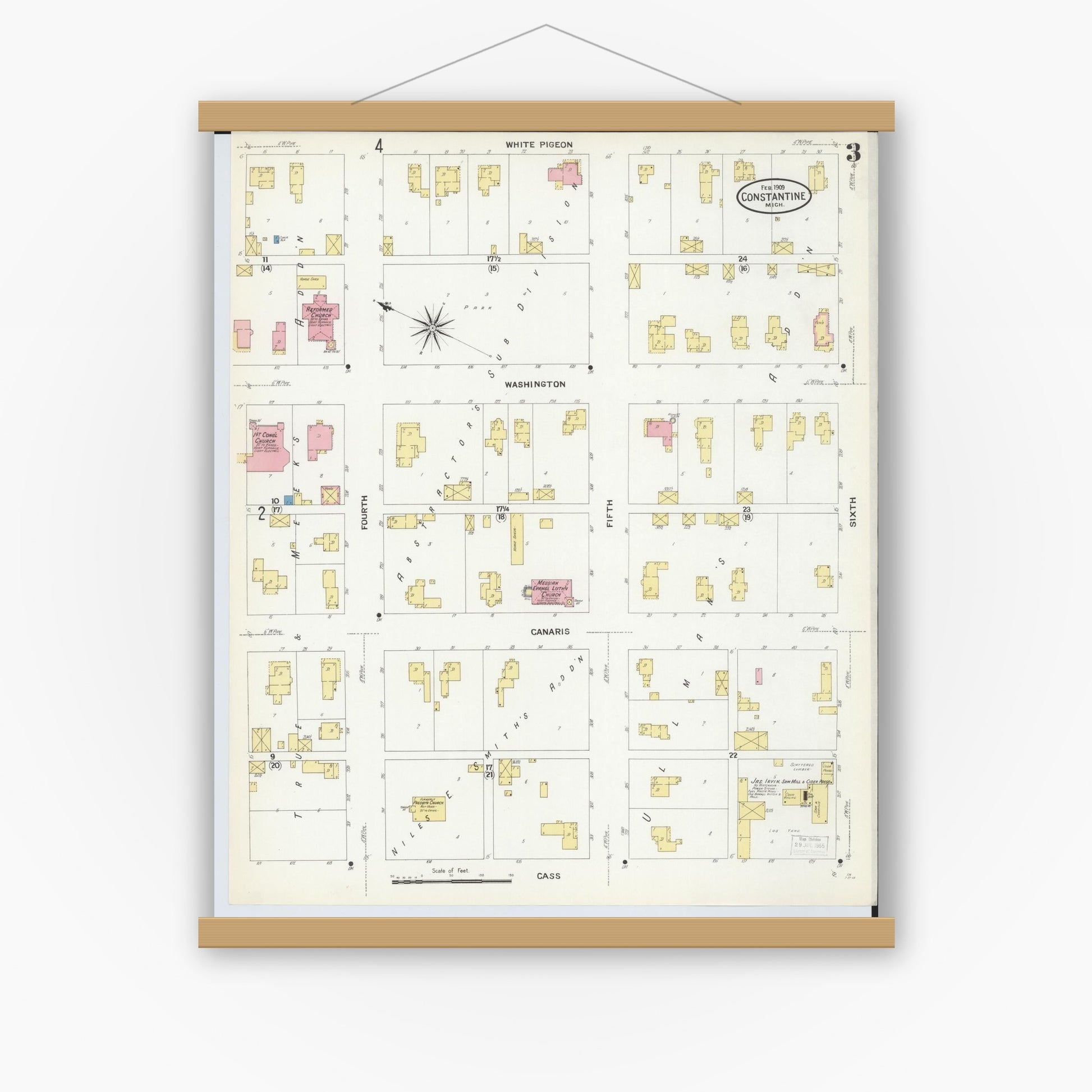 Old map wall art mockup — magnetic wood frame on white wall — Sanborn Fire Insurance Map from Constantine, Saint Joseph County, Michigan (1909), Sheet #0003