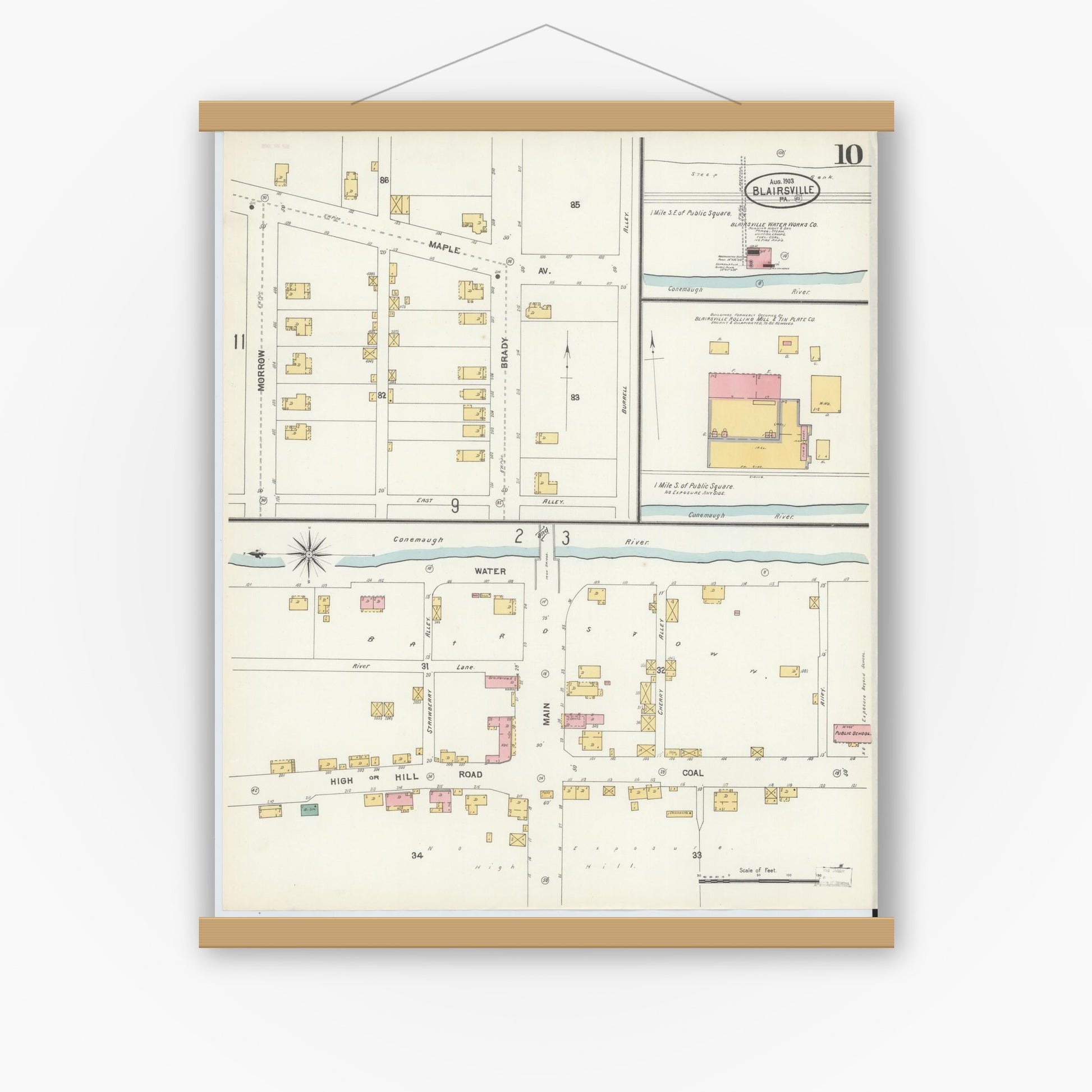 Old map wall art mockup — magnetic wood frame on white wall — Sanborn Fire Insurance Map from Blairsville, Indiana County, Pennsylvania (1903), Sheet #0010