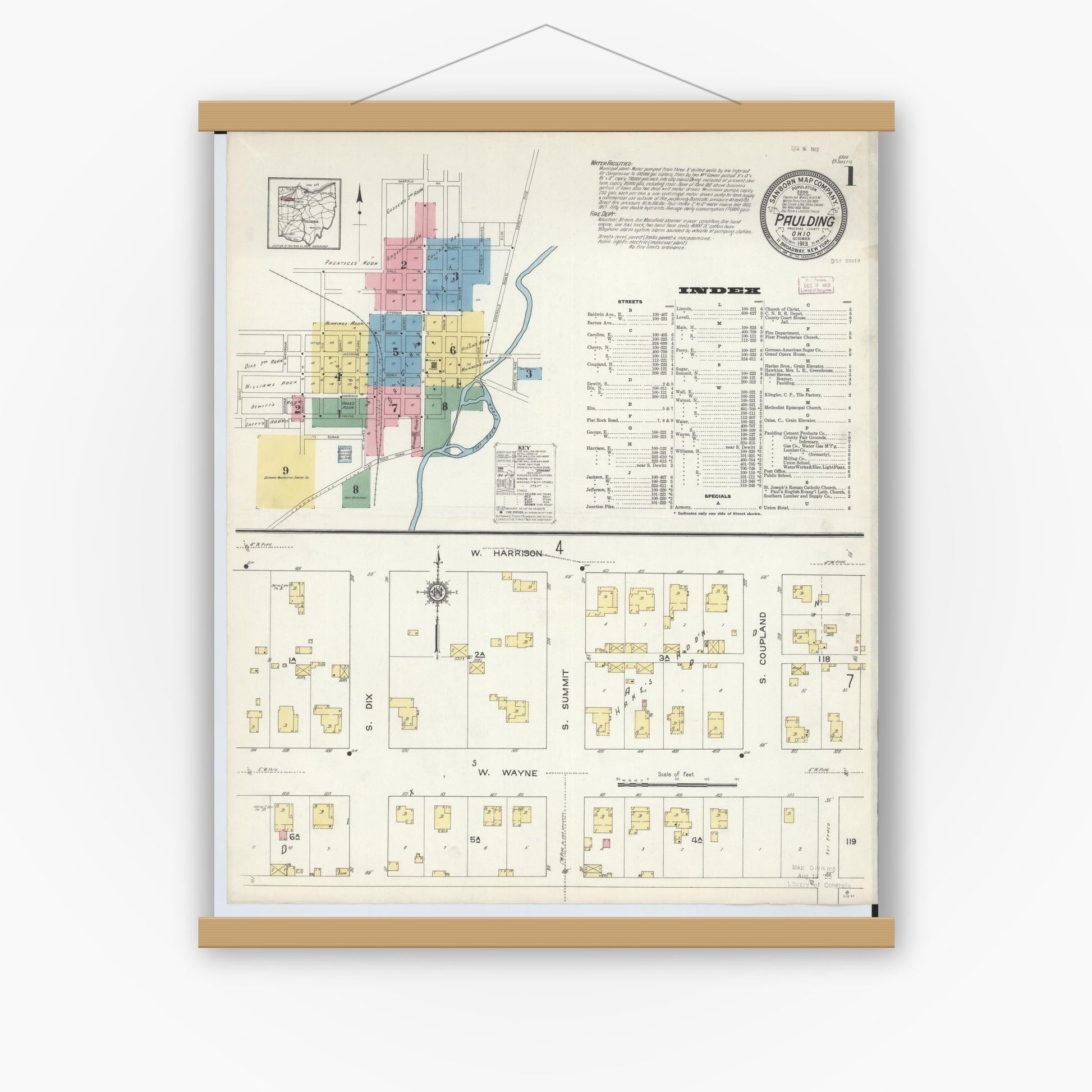 Old map wall art mockup — magnetic wood frame on white wall — Sanborn Fire Insurance Map from Paulding, Paulding County, Ohio (1913), Sheet #0001
