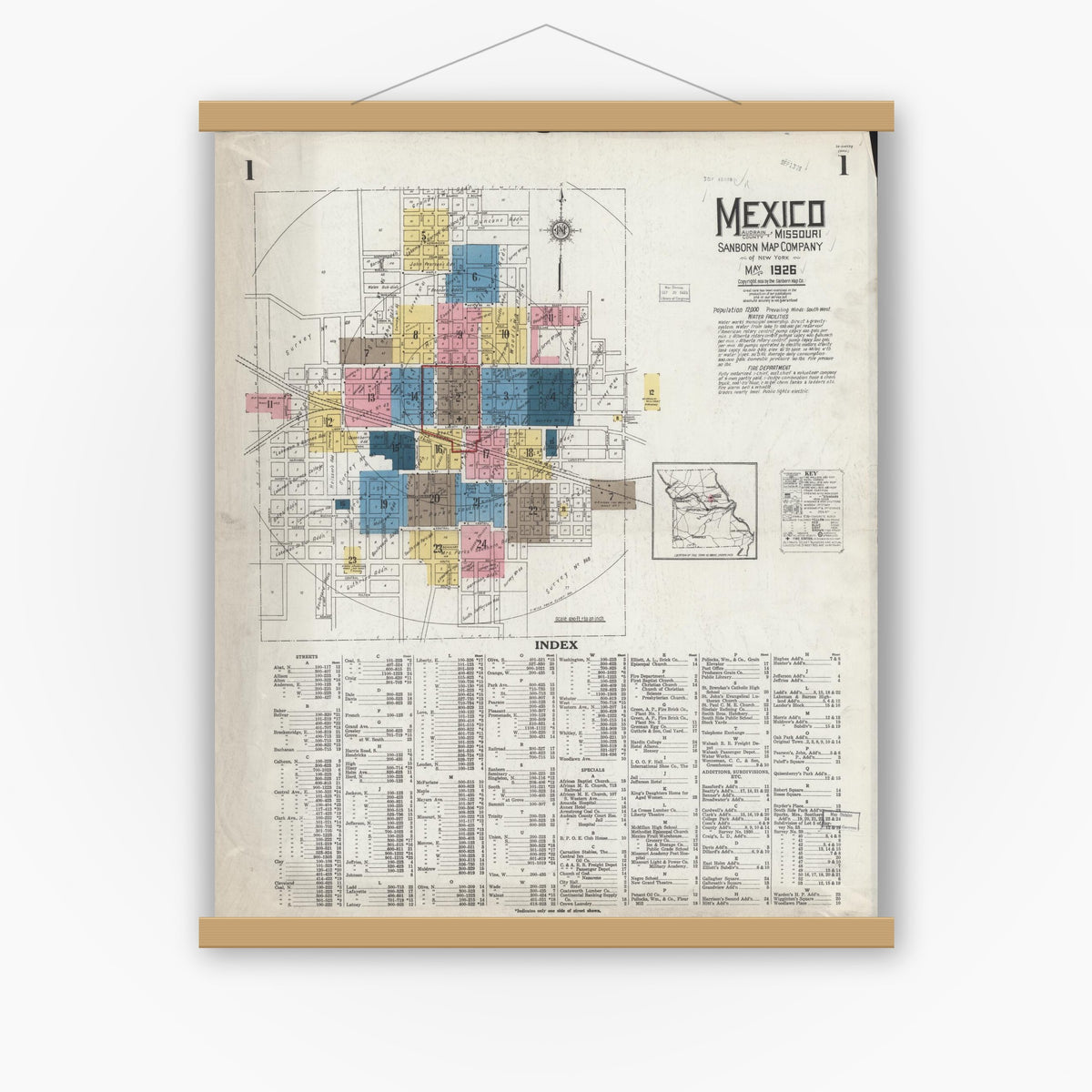 Old map wall art mockup — magnetic wood frame on white wall — Sanborn Fire Insurance Map from Mexico, Audrain County, Missouri (1926) - Complete Map Set