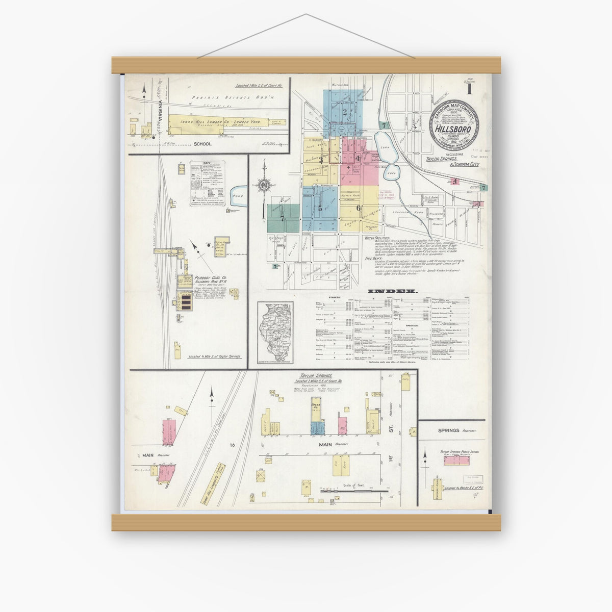 Old map wall art mockup — magnetic wood frame on white wall — Sanborn Fire Insurance Map from Hillsboro, Montgomery County, Illinois (1912) - Complete Map Set