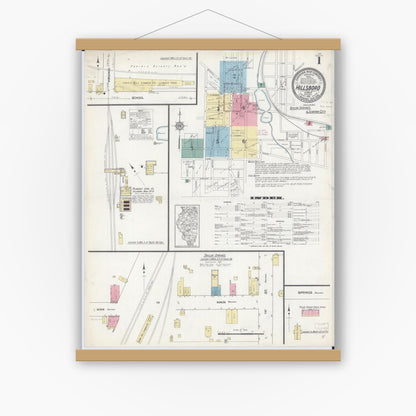Old map wall art mockup — magnetic wood frame on white wall — Sanborn Fire Insurance Map from Hillsboro, Montgomery County, Illinois (1912) - Complete Map Set