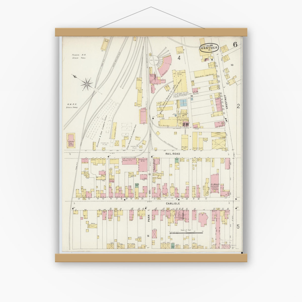 Old map wall art mockup — magnetic wood frame on white wall — Sanborn Fire Insurance Map from Hanover, York County, Pennsylvania (1896), Sheet #0006