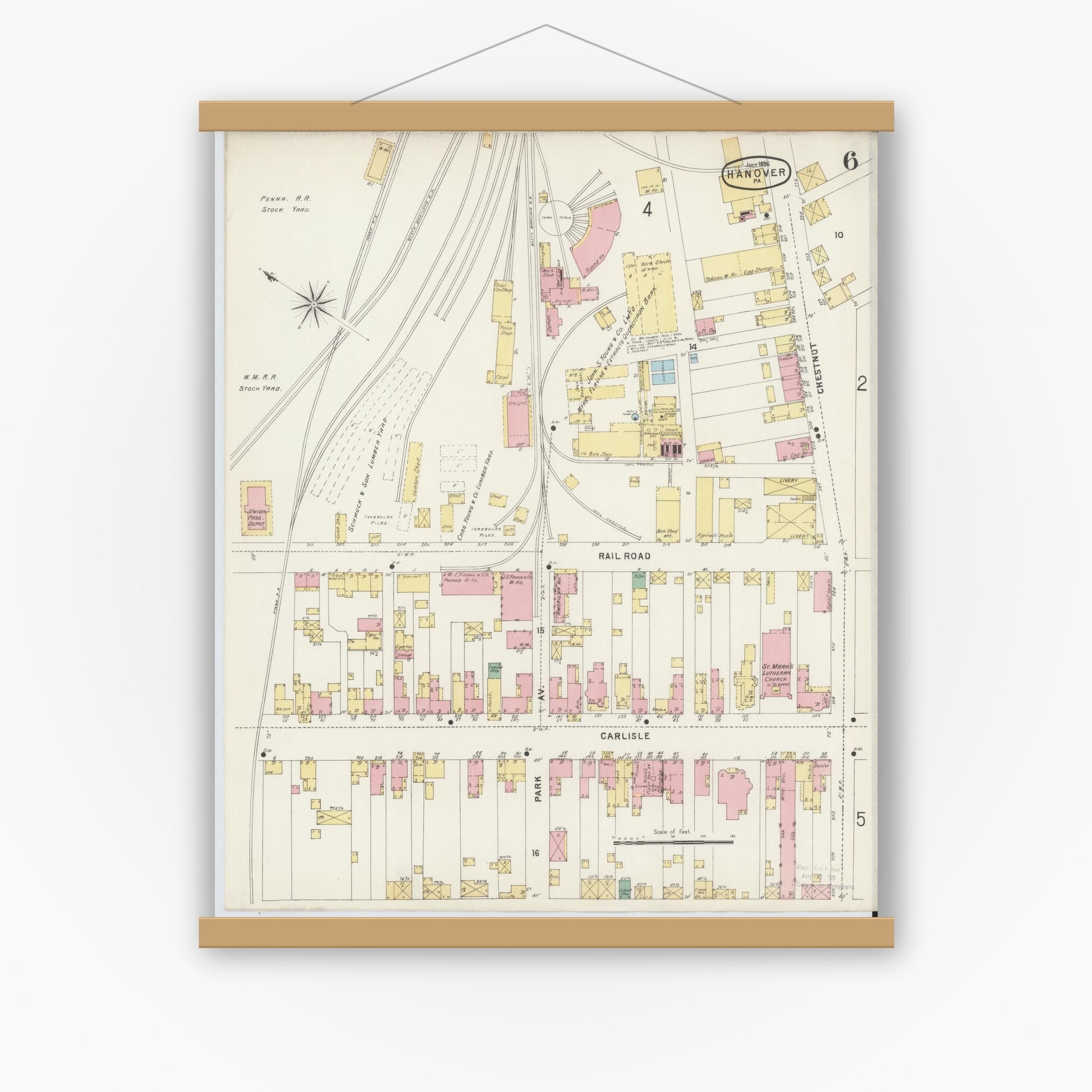 Old map wall art mockup — magnetic wood frame on white wall — Sanborn Fire Insurance Map from Hanover, York County, Pennsylvania (1896), Sheet #0006