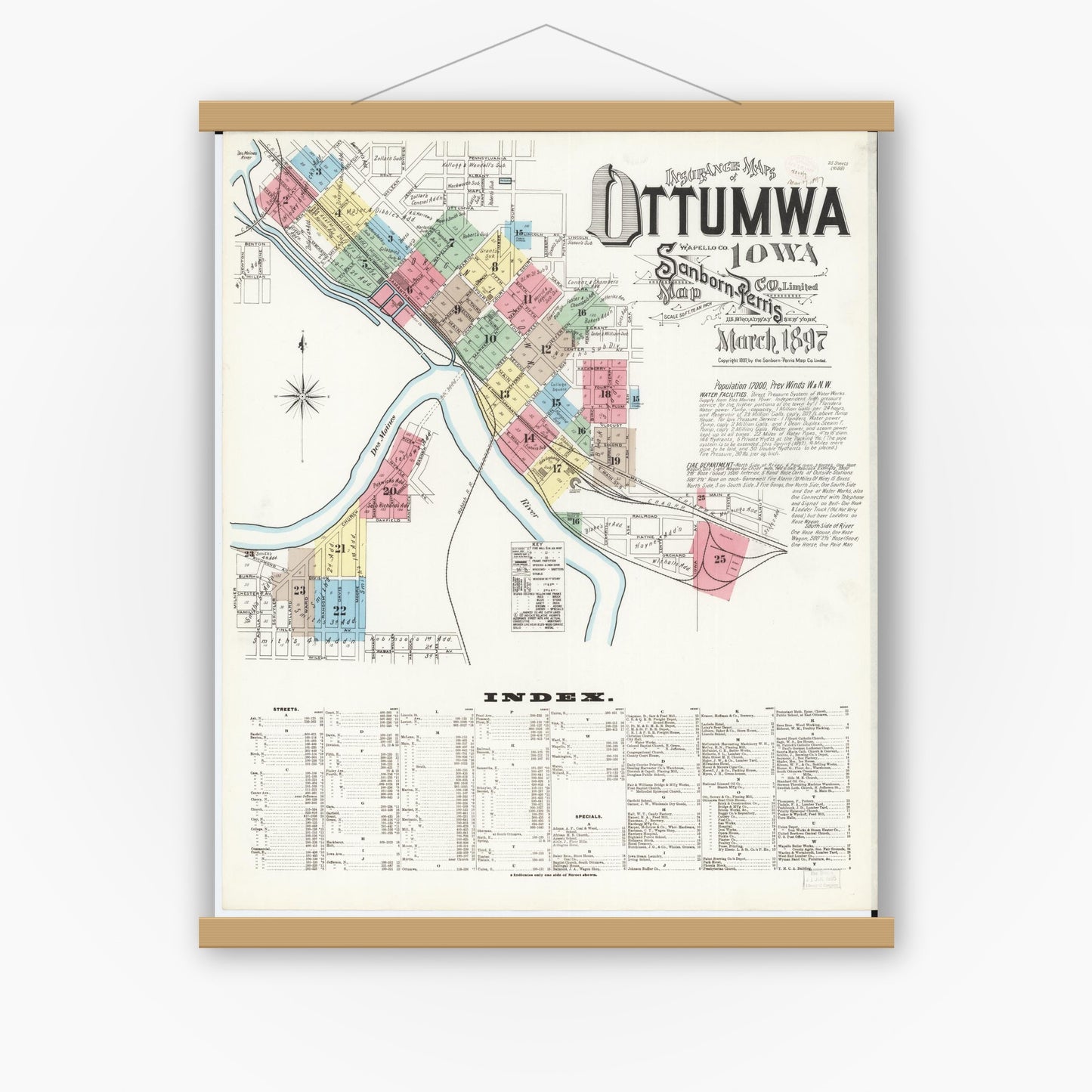 Old map wall art mockup — magnetic wood frame on white wall — Sanborn Fire Insurance Map from Ottumwa, Wapello County, Iowa (1897), Sheet #0001