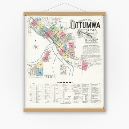 Old map wall art mockup — magnetic wood frame on white wall — Sanborn Fire Insurance Map from Ottumwa, Wapello County, Iowa (1897), Sheet #0001