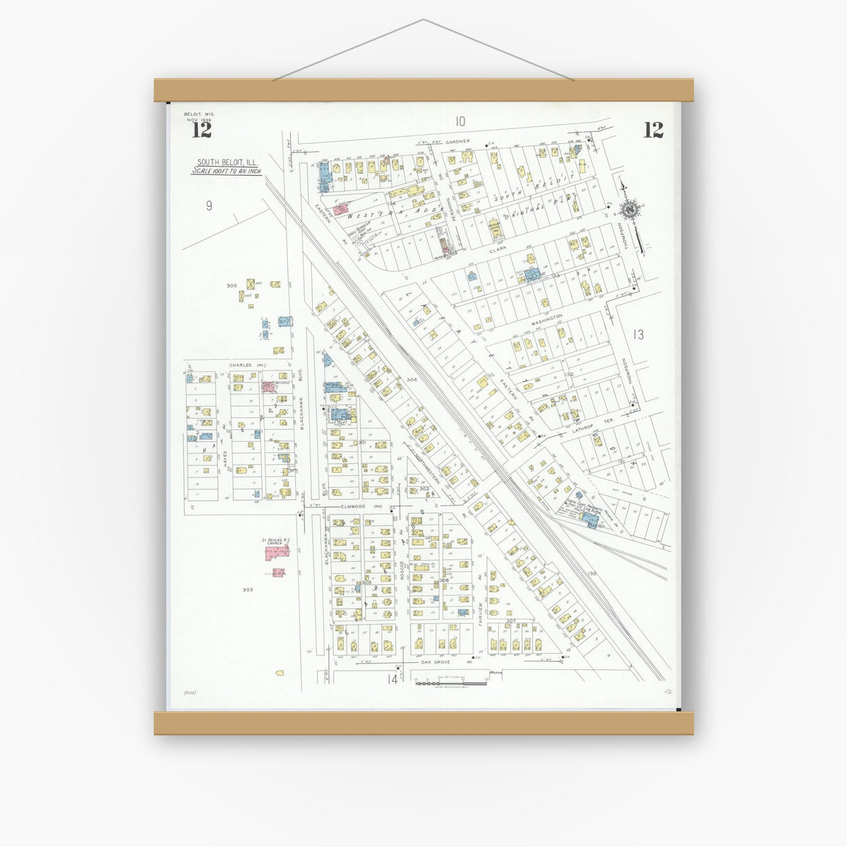 Old map wall art mockup — magnetic wood frame on white wall — Sanborn Fire Insurance Map from Beloit, Rock County, Wisconsin (1939), Sheet #0012