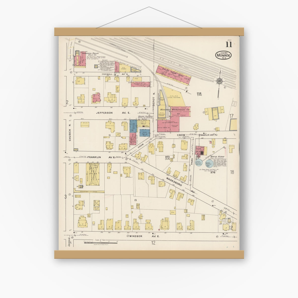 Old map wall art mockup — magnetic wood frame on white wall — Sanborn Fire Insurance Map from Monroe, Union County, North Carolina (1922), Sheet #0011