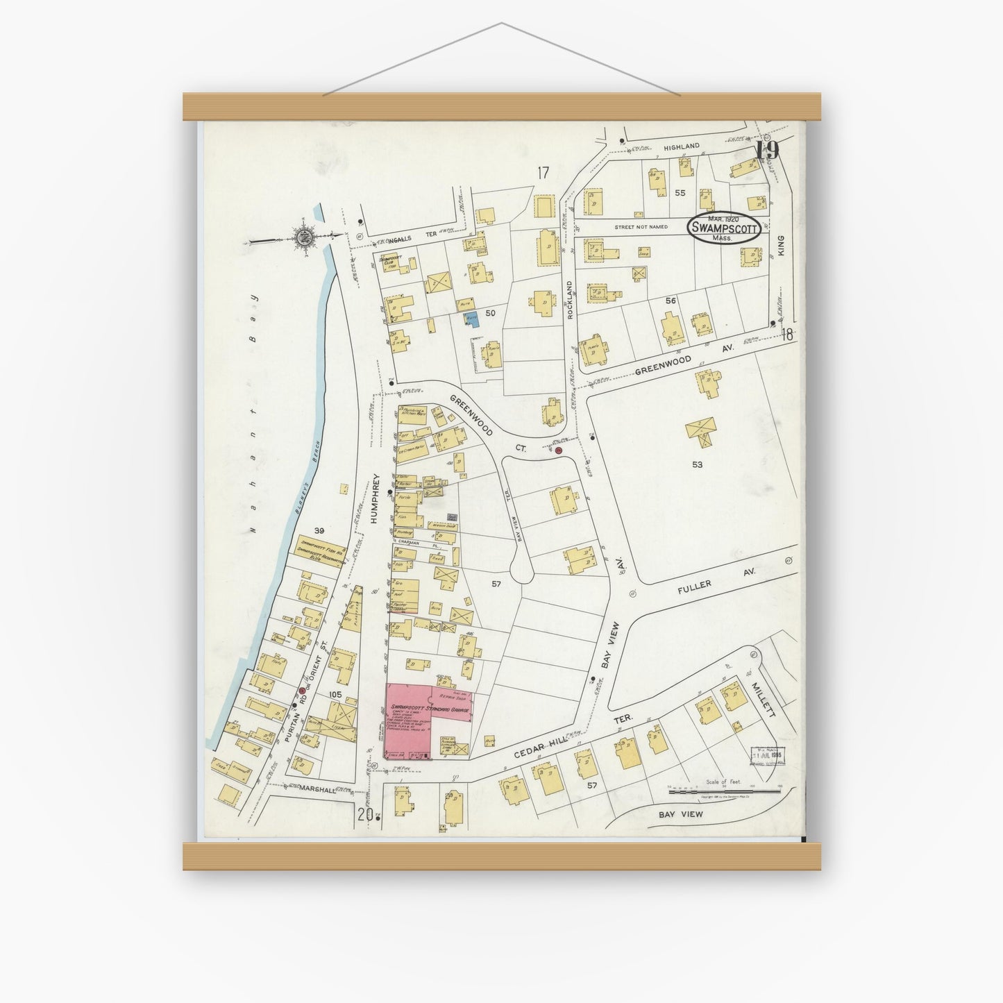 Old map wall art mockup — magnetic wood frame on white wall — Sanborn Fire Insurance Map from Swampscott, Essex County, Massachusetts (1920), Sheet #0019