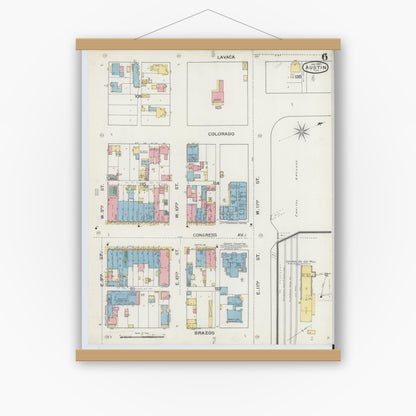 Old map wall art mockup — magnetic wood frame on white wall — Sanborn Fire Insurance Map from Austin, Travis County, Texas (1894), Sheet #0006
