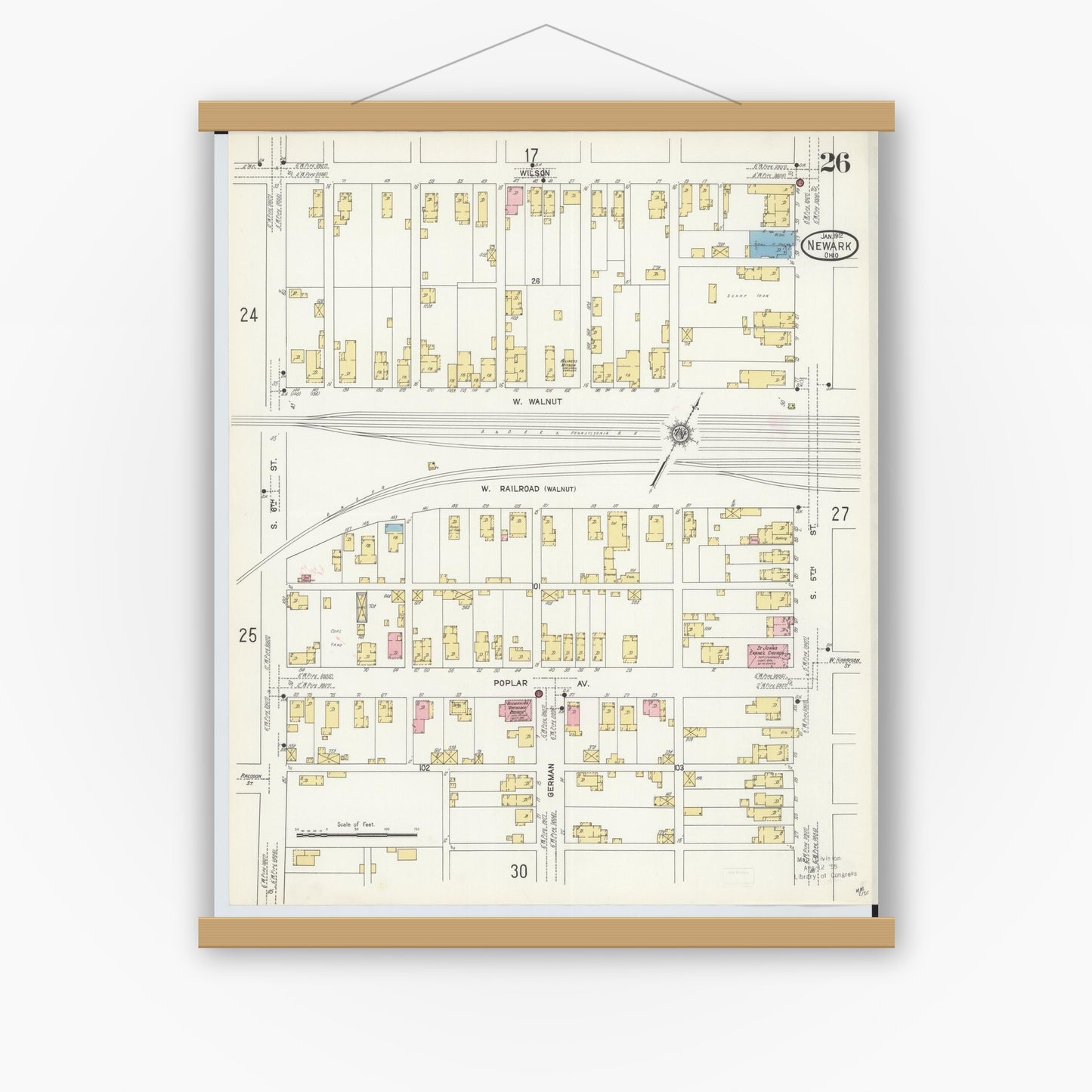 Old map wall art mockup — magnetic wood frame on white wall — Sanborn Fire Insurance Map from Newark, Licking County, Ohio (1912), Sheet #0026