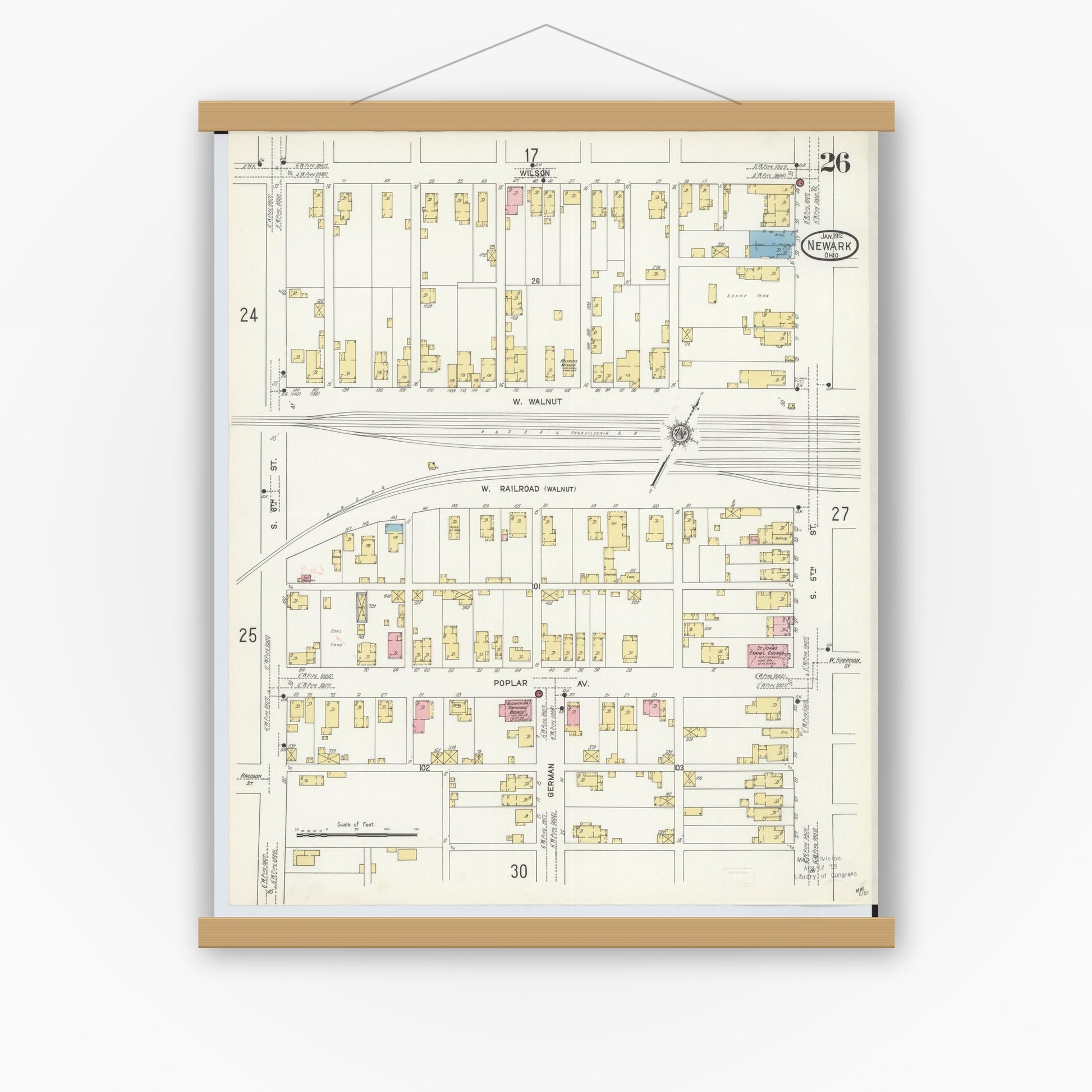 Old map wall art mockup — magnetic wood frame on white wall — Sanborn Fire Insurance Map from Newark, Licking County, Ohio (1912), Sheet #0026