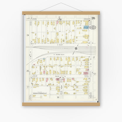 Old map wall art mockup — magnetic wood frame on white wall — Sanborn Fire Insurance Map from Newark, Licking County, Ohio (1912), Sheet #0026