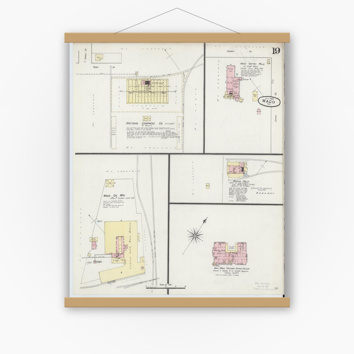 Old map wall art mockup — magnetic wood frame on white wall — Sanborn Fire Insurance Map from Waco, McLennan County, Texas (1889), Sheet #0019