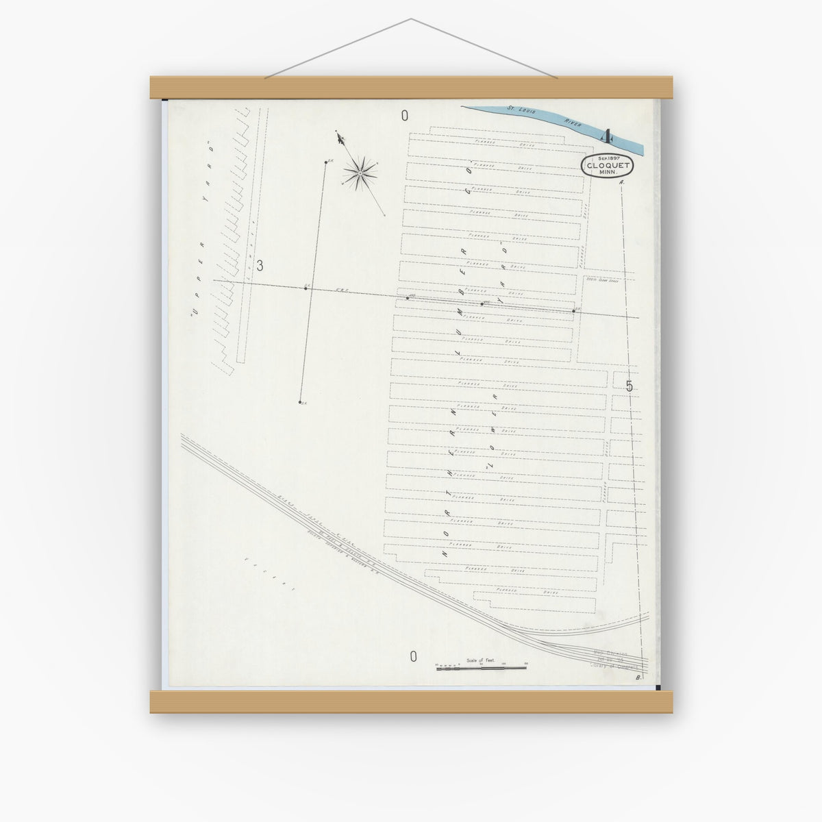 Old map wall art mockup — magnetic wood frame on white wall — Sanborn Fire Insurance Map from Cloquet, Carlton County, Minnesota (1897), Sheet #0004