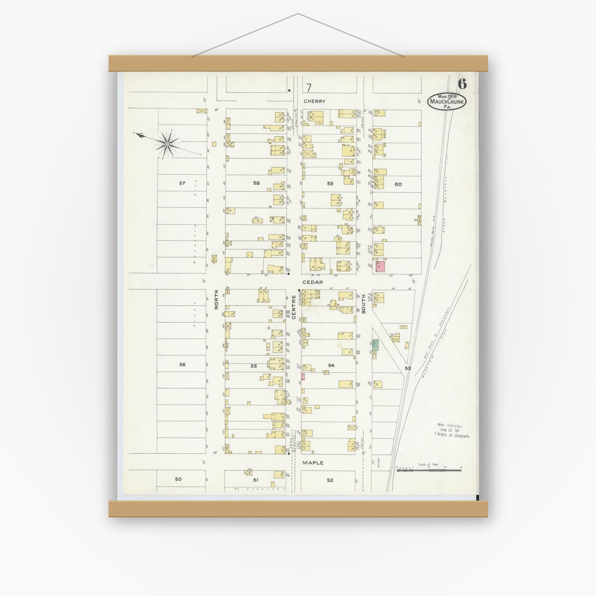 Old map wall art mockup — magnetic wood frame on white wall — Sanborn Fire Insurance Map from Mauch Chunk, Carbon County, Pennsylvania (1908), Sheet #0006